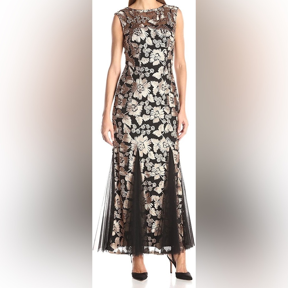 Alex Evenings Floral Embroidered Stretch Tulle Gown Maxi Dress Size 16 Tan Black - Picture 11 of 13